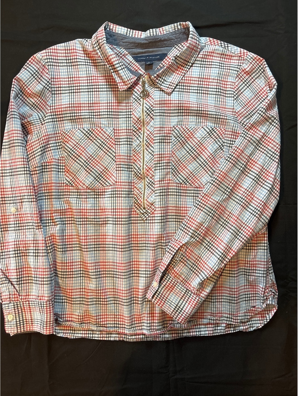 Tommy Hilfiger Men’s XL Plaid Half-Zip Pullover Shirt TH Logo Pockets